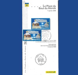 Francia #2749  2000 Estampilla en Boletin con sello de primer dia "Reconstruccion del Faro de la punta del Mundo"