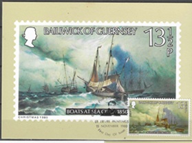 Guernsey #215 1980 Maxicard "Botes en el mar, de Peter Le Lievre" de