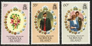 Isla Norfolk #280 - 282  1981  Serie completa Nueva NH "Diana Boda Real"