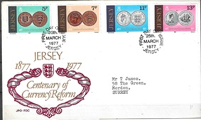 Jersey #171 - 174 1977 Serie completa FDC "Centenario de la reforma monetaria de Jersey"