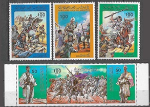Libia #1215-1218 1984 Serie completa Nuevas NH Scott $8.00 "Guerreros y Gadafi liderando la batalla. Expulsión de tropas estadounidenses y británicas"