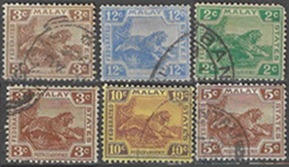 Malaya #41(1906), #65(1922), #52(1926), #55(1927), #64(1931) y #59(1932) "Tigre malayo"