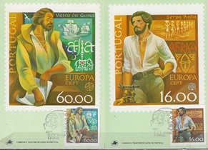 Portugal #1460 - 1461 1980 Serie completa en Maxicard "Exploradores - Serpa Pinto y Vasco de Gama""