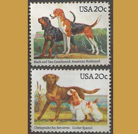 Estados Unidos #2099 y #2101 1984 "Retriever de la bahía de Chesapeake, Cocker Spaniel, Coonhound y Foxhound"