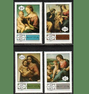 Santa Lucía #629 - 632 1983 Serie completa Nueva NH "Pinturas de la Virgen y el Niño, de Rafael - Navidad"