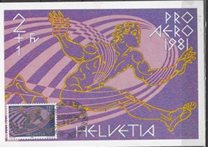 Suiza #B479  1983 Maxicard "50 Años de la linea aérea Swissair - Icaro, mitología"