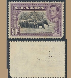 Ceylán #286 1943 Perfin "Elefantes"