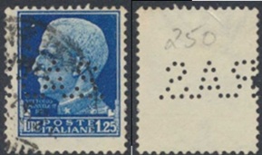 Italia #223 1929  Perfin "Rey Vittorio Emanuele III"