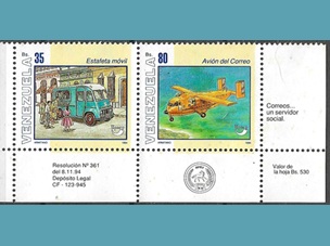 Venezuela #1515 1995 Serie completa Nueva NH Scott $2.50 "Transporte del correo"