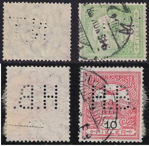 Hungary #87 y #89 1913 Perfin "El Turul y la Corona de San Esteban"