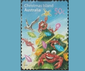 Islas Navidad #475 2008 Autoadhesiva usada sin papel Cangrejos y árbol de navidad"